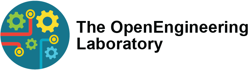 The OpenEngineering Laboratory logo is a round circle with a teal background which contains 4 cogs of different sizes and colours. There are also three yellow dots two with red lines coming from them and one with a blue line, representing electrical connections. The text The OpenEngineering Laboratory is to the right of the main circle.