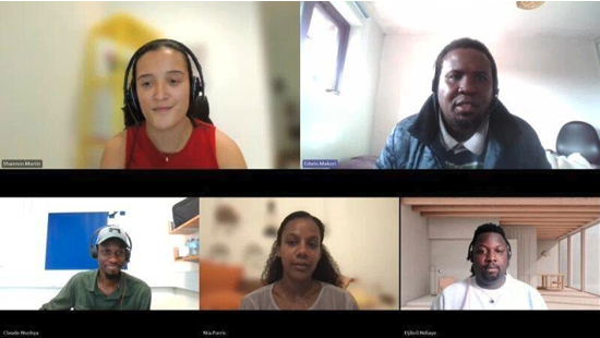 Screenshot of an online event panel discussion with five Black students and professionals from the Open University, titled “Connect, Engage and Explore.” Participants are wearing headsets or casual clothing, seated in different home and office backgrounds, engaging in conversation.