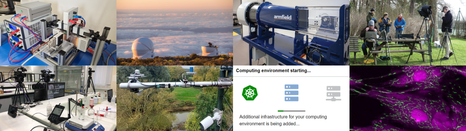 This image is a compilation of eight photos, showing from top left to right, a mass spectrometer, our astronomical observatories in Tenerife, a wind machine, and field-cast recording in action, and from bottom left to right, a chemistry laboratory, the view from the top of the Living Lab communications mast, a screenshot of our virtual computing environment and a stained microscope slide.