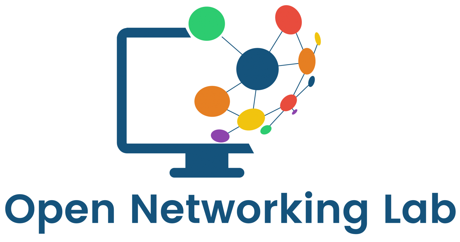 The OpenNetworking Laboratory icon that shows a drawing of a computer monitor that has most of the right-hand side replaced with different colour and size dots connected with blue lines to represent an interconnected network. The text Open Networking Lab is underneath the image.