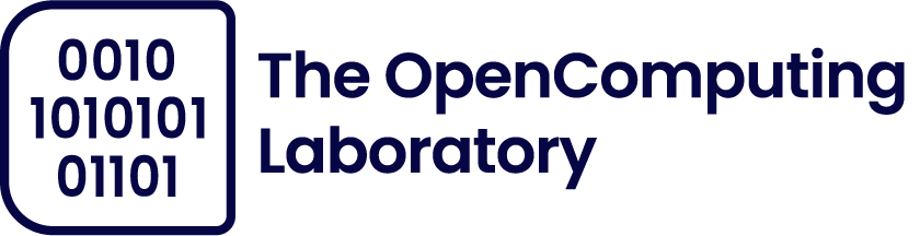 The OpenComputing Laboratory logo comprises a rounded box displaying some binary code (three strings of ones and zeros) on the left, and the name on the right. Note that the words Open and Computing are always joined as one word in the logo. This image is also a link to The OpenComputing Laboratory subpage.