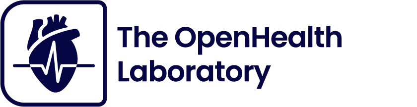 The OpenHealth Laboratory logo comprises a rounded box displaying a graphical representation of the heart and a cardiograph reading on the left, and the name on the right. Note that the words Open and Health are always joined as one word in the logo. This image is also a link to The OpenHealth Laboratory subpage.