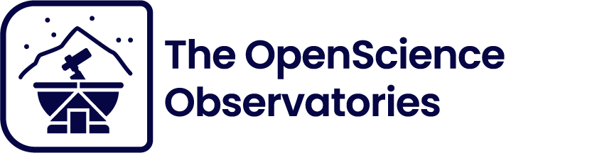 The OpenScience Observatories logo comprises a rounded box displaying a graphical representation of an astronomical observing dome on the left, and the name on the right. Note that the words Open and Science are always joined as one word in the logo. This image is also a link to The OpenScience Observatories subpage.