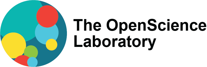 The OpenScience Laboratory logo is a round circle with a teal background which contains smaller circles of different colours and sizes, some of which overlap each other. The text The OpenScience Laboratory is to the right of the main circle.