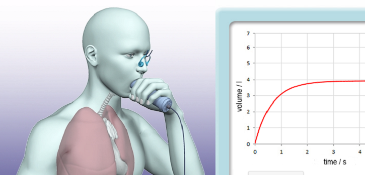 A picture that has a representation of a human breathing with their lungs visible into a Spirometer on the left-hand side. On the right-hand side is a representation of a computer screen showing the output of the Spirometer in the format of a graph. This image is also a link to the Spirometer Virtual microscopy experiment on the OpenScience Laboratory.